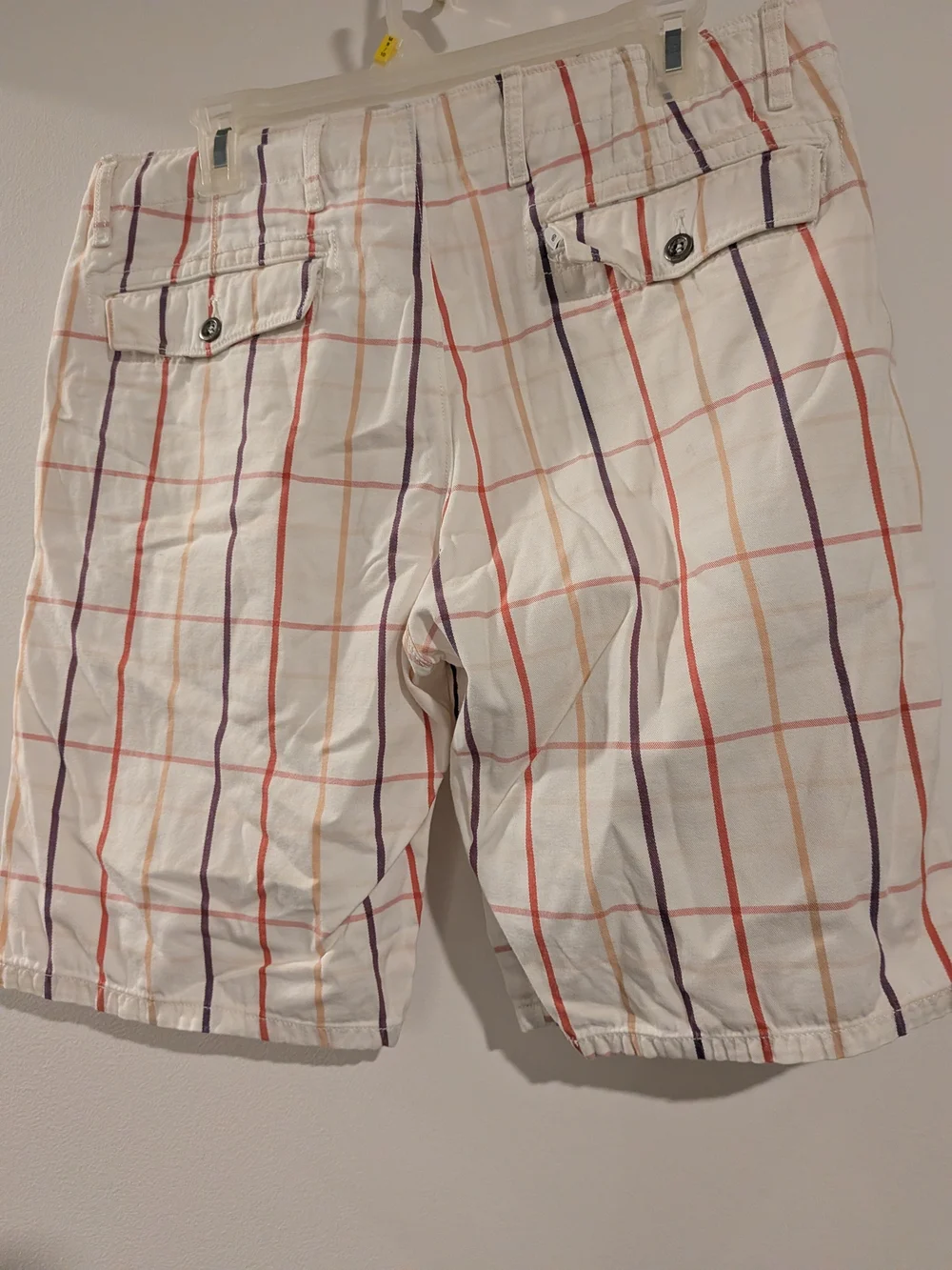 Levi's White Plaid Flat-Front Shorts with Red and Purple Stripes